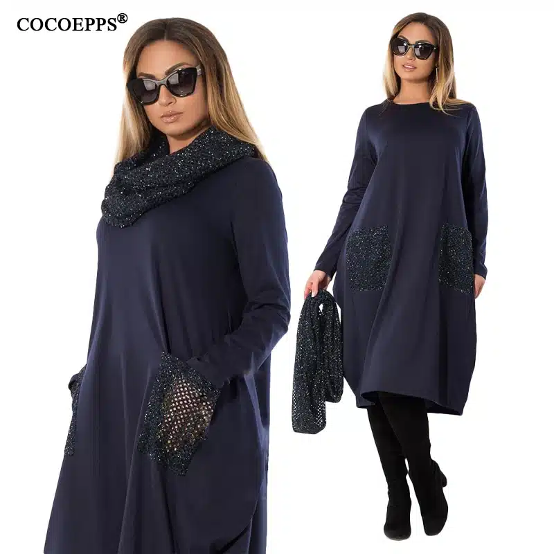 COCOEPPS 5XL 6XL Winter Loose women Dress big sizes Casual Long Sleeve Dress new 2019 Plus Size Women Clothing blue Vestidos 18