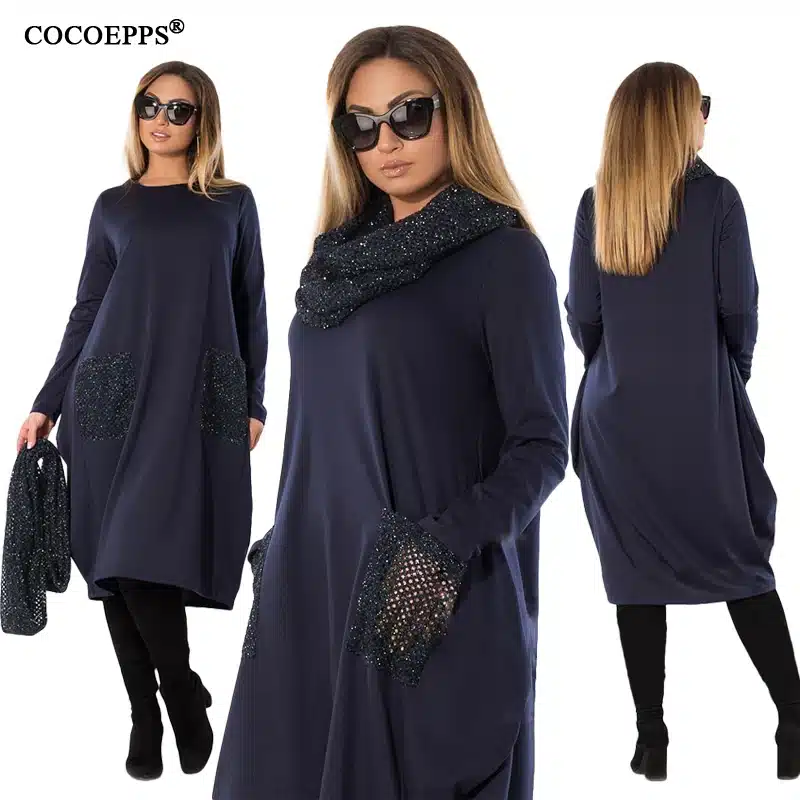 COCOEPPS 5XL 6XL Winter Loose women Dress big sizes Casual Long Sleeve Dress new 2019 Plus Size Women Clothing blue Vestidos 19