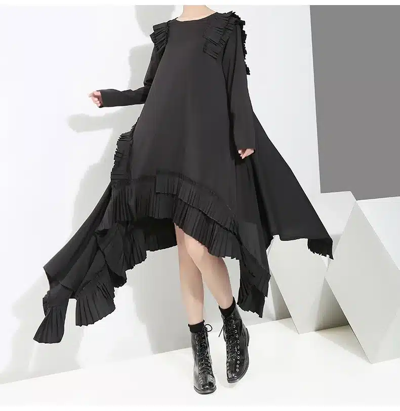 [EAM] 2019 New Spring Winter Round Neck Long Sleeve Ruffles Split Joint Irregular Hem Loose Dress Women Fashion Tide JI045 6
