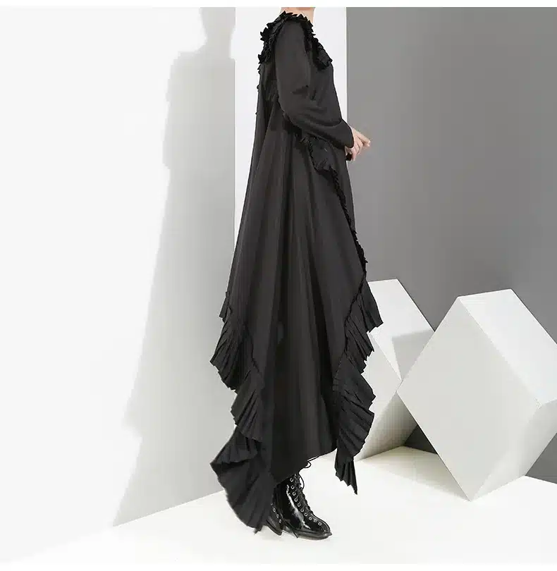 [EAM] 2019 New Spring Winter Round Neck Long Sleeve Ruffles Split Joint Irregular Hem Loose Dress Women Fashion Tide JI045 7