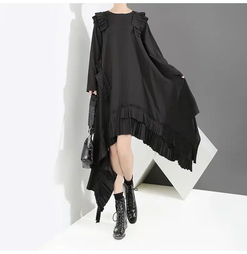 [EAM] 2019 New Spring Winter Round Neck Long Sleeve Ruffles Split Joint Irregular Hem Loose Dress Women Fashion Tide JI045 9
