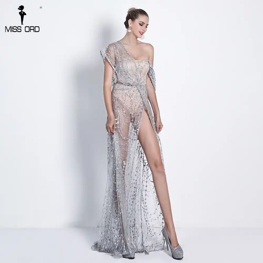 Missord 2019 Sexy Off Shoulder Irregular Neck Backless Dress Elegant See Through High Split Gliter Dress FT18674 14