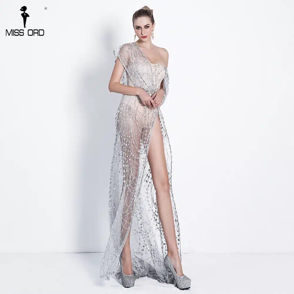 Missord 2019 Sexy Off Shoulder Irregular Neck Backless Dress Elegant See Through High Split Gliter Dress FT18674 15