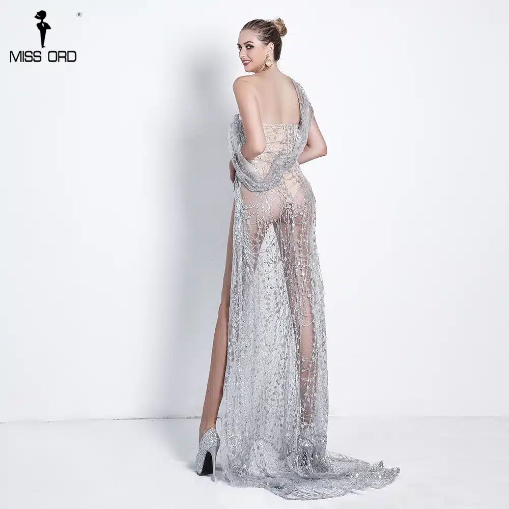Missord 2019 Sexy Off Shoulder Irregular Neck Backless Dress Elegant See Through High Split Gliter Dress FT18674 18