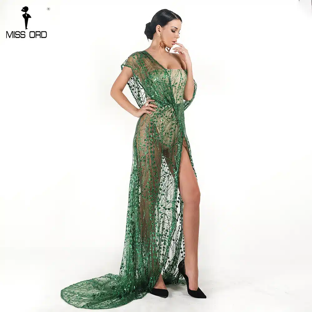 Missord 2019 Sexy Off Shoulder Irregular Neck Backless Dress Elegant See Through High Split Gliter Dress FT18674 21