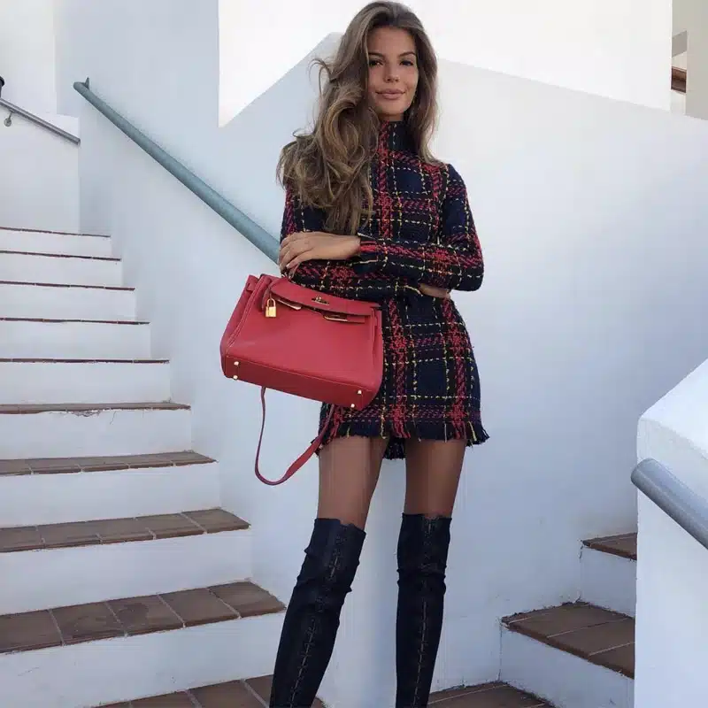 2019 Spring Plaid Print Tassels Mini Dress Women Elegant Vintage Dress Long Sleeve Sheath Casual Dress Female Bodycon Dress 15