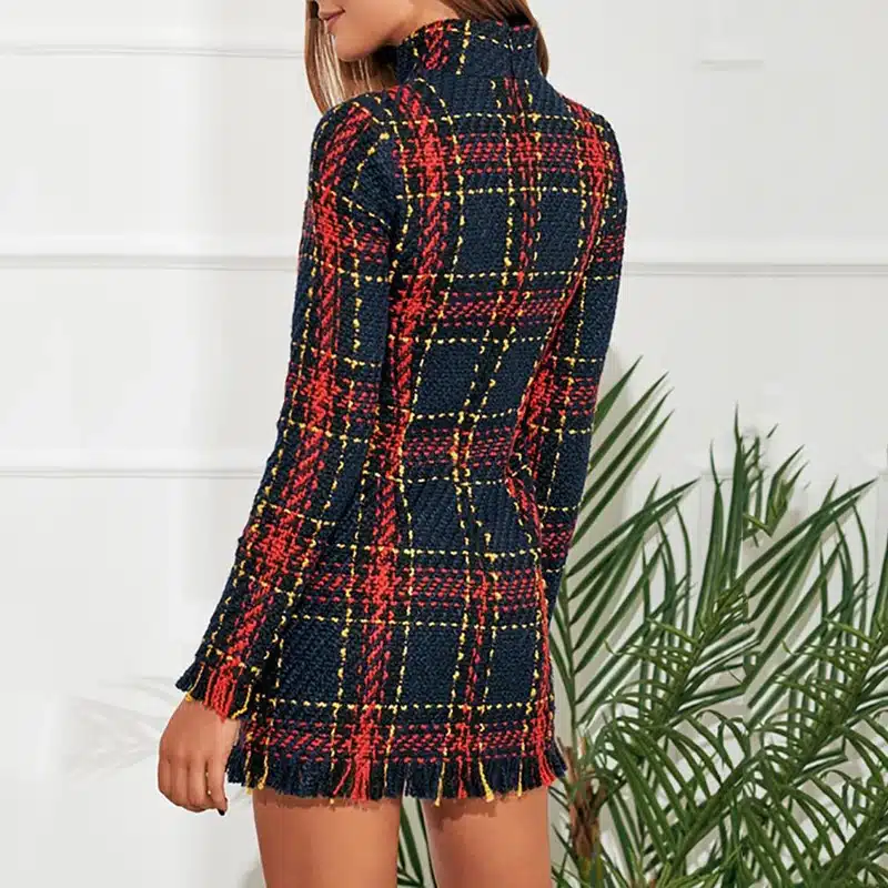 2019 Spring Plaid Print Tassels Mini Dress Women Elegant Vintage Dress Long Sleeve Sheath Casual Dress Female Bodycon Dress 18