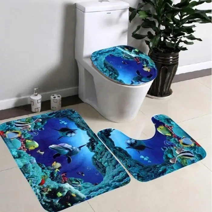 Hot Sale Fashion 3Pcs/Set Bathroom Non-Slip Carpet Mat Rug Blue Ocean Style Pedestal Rug + Lid Toilet Cover + Bath Mat [NF] FG 1