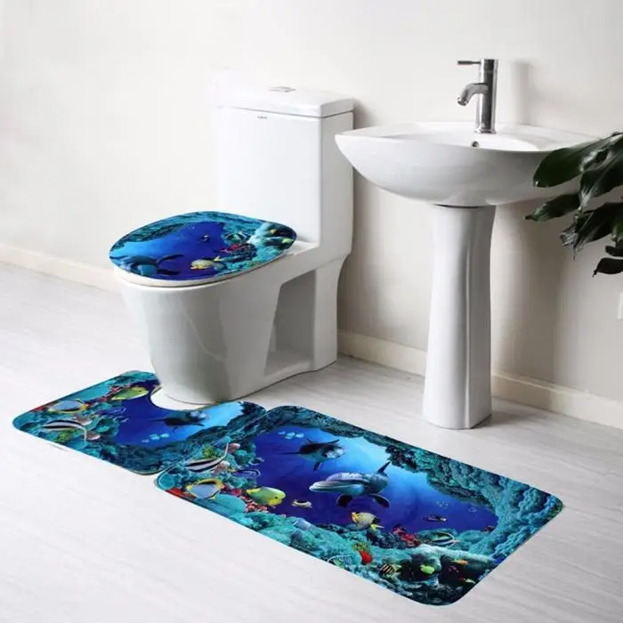 Hot Sale Fashion 3Pcs/Set Bathroom Non-Slip Carpet Mat Rug Blue Ocean Style Pedestal Rug + Lid Toilet Cover + Bath Mat [NF] FG 5