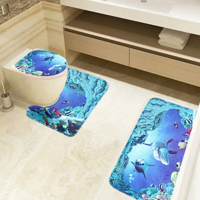 Hot Sale Fashion 3Pcs/Set Bathroom Non-Slip Carpet Mat Rug Blue Ocean Style Pedestal Rug + Lid Toilet Cover + Bath Mat [NF] FG 8