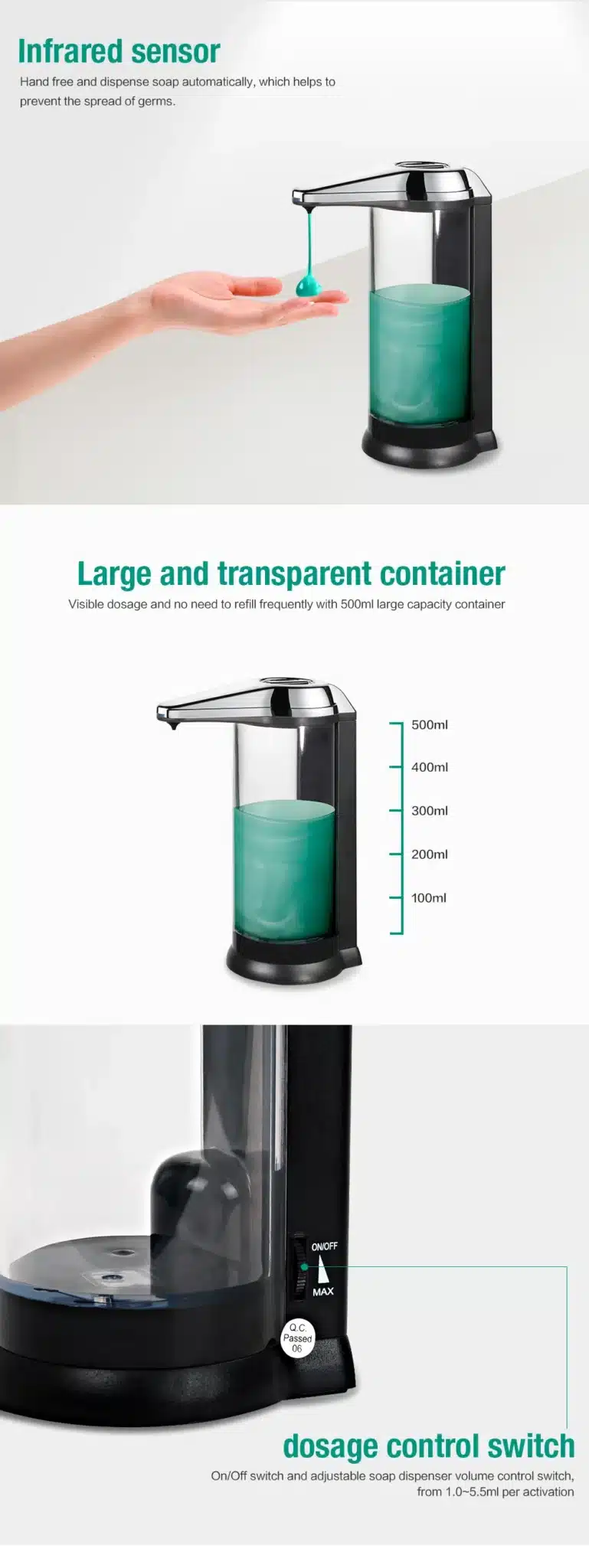 Hand Free 500ml Automatic Soap Dispenser Touchless Sanitizer Dispenser Smart Sensor Liquid Soap Dispenser for Kitchen Bathroom 10