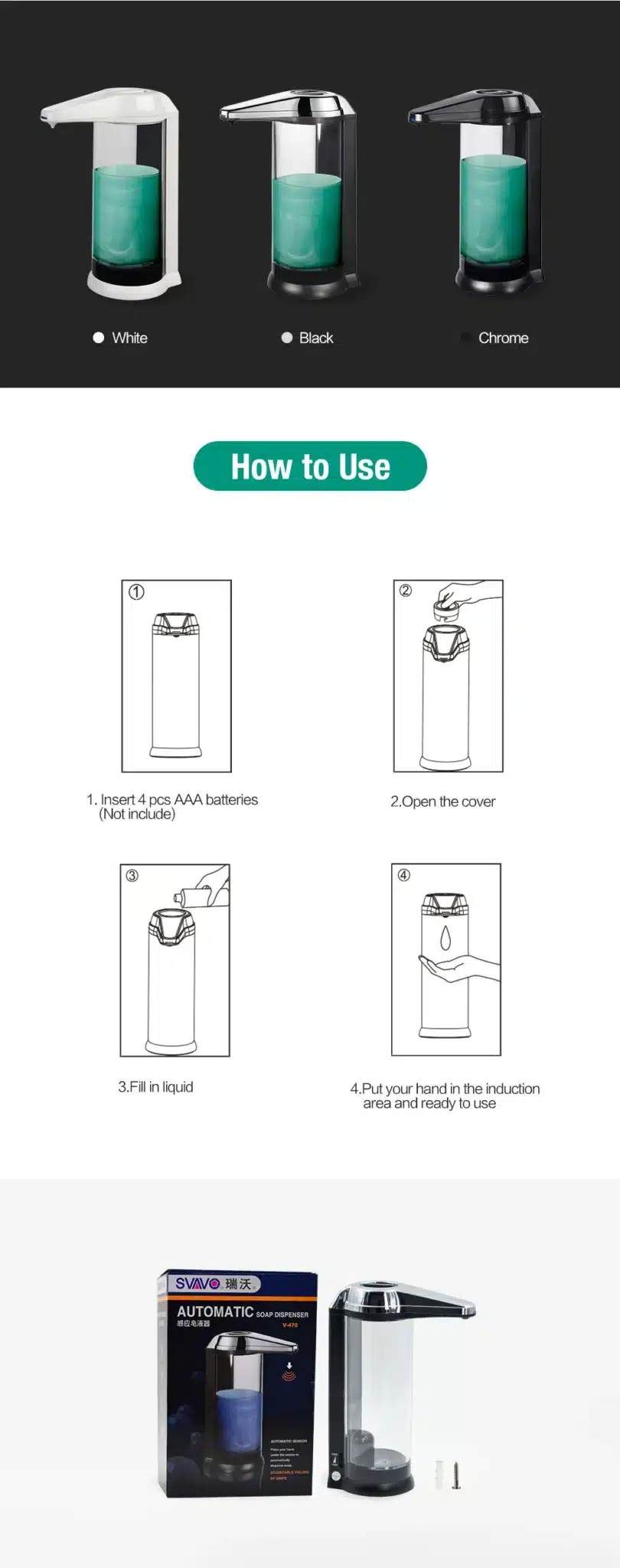 Hand Free 500ml Automatic Soap Dispenser Touchless Sanitizer Dispenser Smart Sensor Liquid Soap Dispenser for Kitchen Bathroom 12
