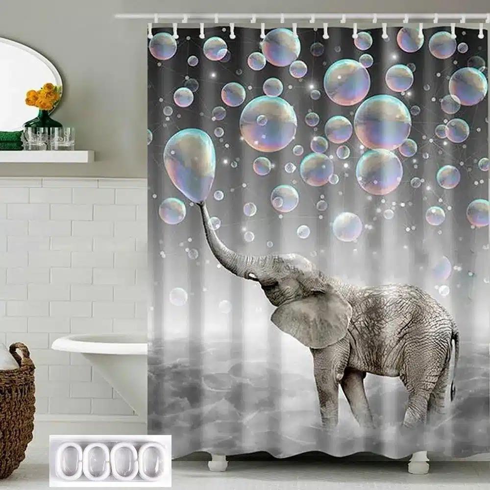 180cm*180cm Bathroom Shower Curtains Sheer Panel Waterproof Polyester Fabric Decor 12 Hooks Elephant 9