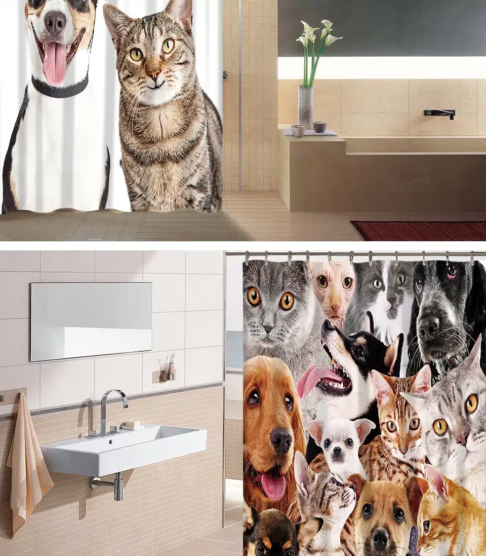 Miracille Cute Dog and Cat Printing Bathroom Decorative Shower Curtain Waterproof Fabric Home Bath Curtains With 12 Hooks 3