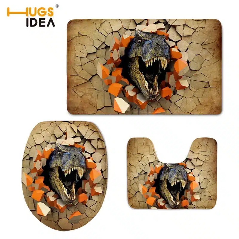 HUGSIDEA 3D Animals Dinosaur Bathroom Soft Toilet Seat Cover Set WC Toilet Lid Floor Mat Home Decor Carpets for Bath 3PC/Set 12