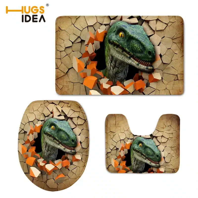 HUGSIDEA 3D Animals Dinosaur Bathroom Soft Toilet Seat Cover Set WC Toilet Lid Floor Mat Home Decor Carpets for Bath 3PC/Set 13