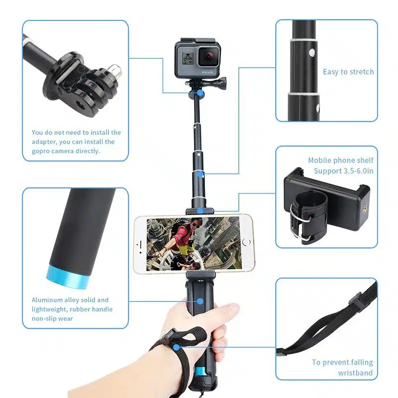 Tripod Pole Selfie Stick for GoPro Extendable Monopod Handheld Pole for Go Pro Hero 7/6/5/4 SJCAM EKEN H9 SONY Xiaomi Yi iPhone 4