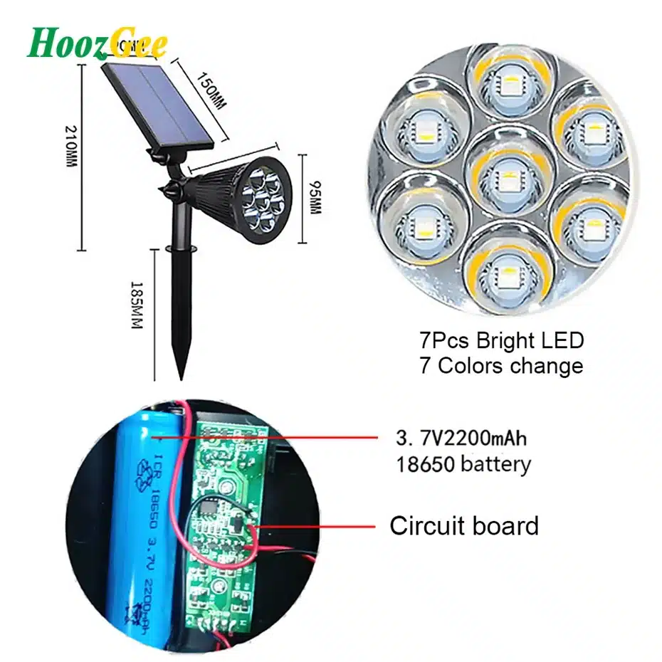 HoozGee 7 LED Spotlight Lawn Outdoor Garden Lamp Solar Panel Power Adjustable Wall Flood Lights Yard Waterproof 7 Colour in 1 14