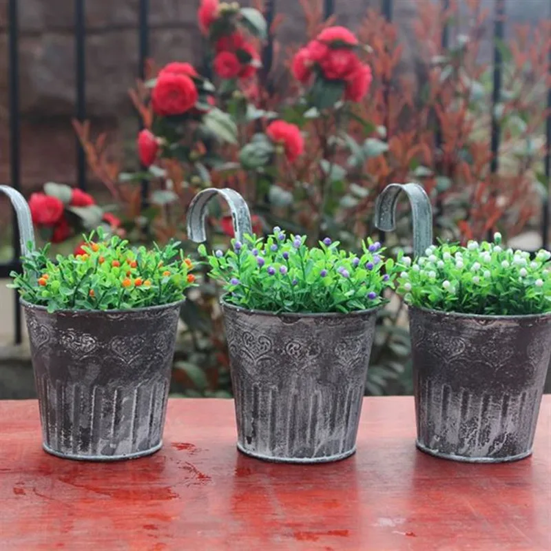 WCIC Vintage Metal Flower Pots Hanging Garden Pots Planters Iron Storage Basket with Hooks Balcony Wall Vertical Hang Buckets 13