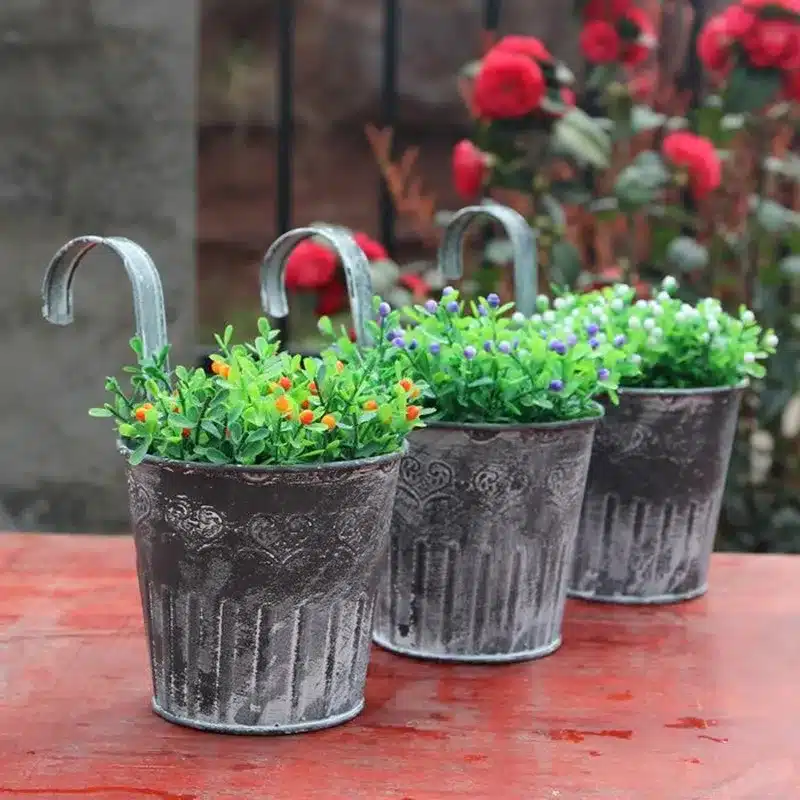 WCIC Vintage Metal Flower Pots Hanging Garden Pots Planters Iron Storage Basket with Hooks Balcony Wall Vertical Hang Buckets 14