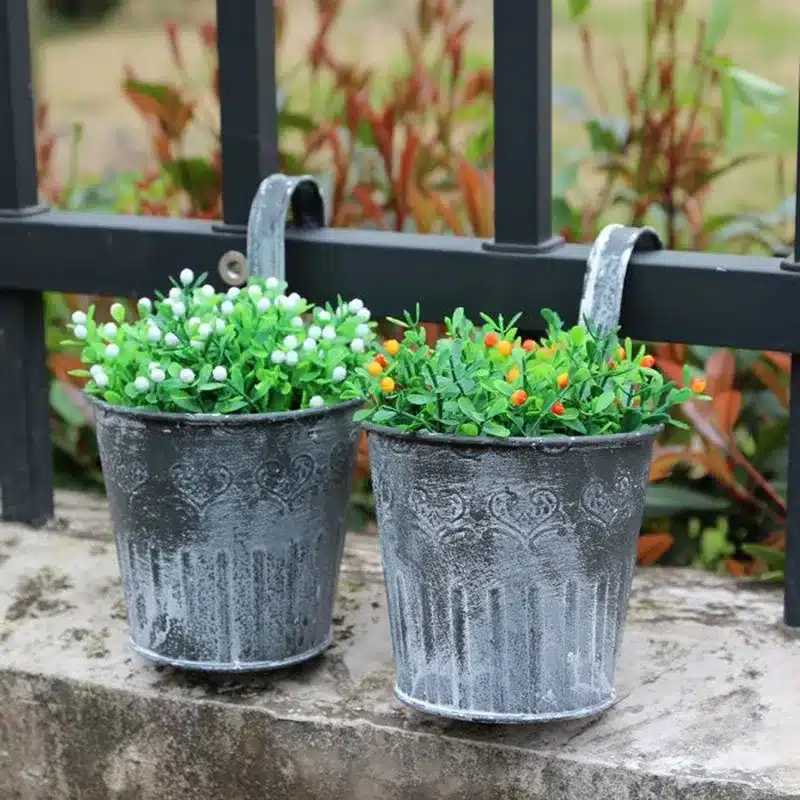 WCIC Vintage Metal Flower Pots Hanging Garden Pots Planters Iron Storage Basket with Hooks Balcony Wall Vertical Hang Buckets 16