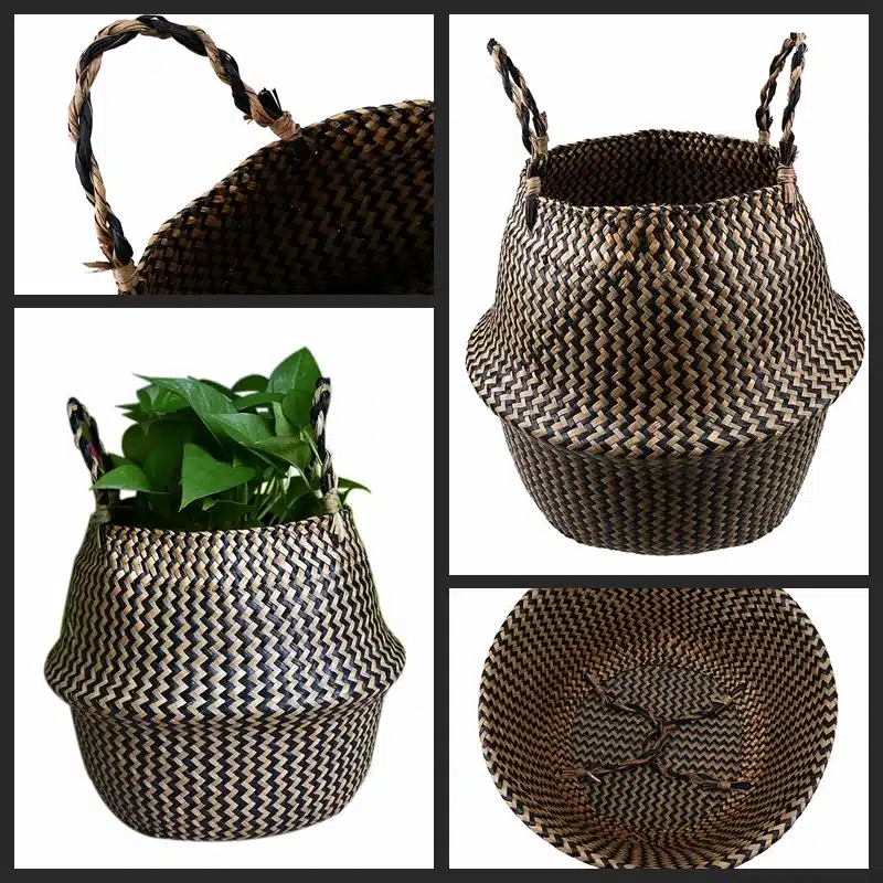 WHISM Folding Seagrass Flower Pots Planter Basket Rattan Plants Pots Laundry Flower Basket Storage Home Room Office Garden Pots 25