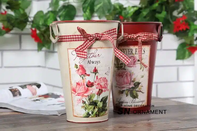 Rural Style Flower Tub Painting Vase Tin Bucket Desktop Floor Decor Garden Pots Planters 3