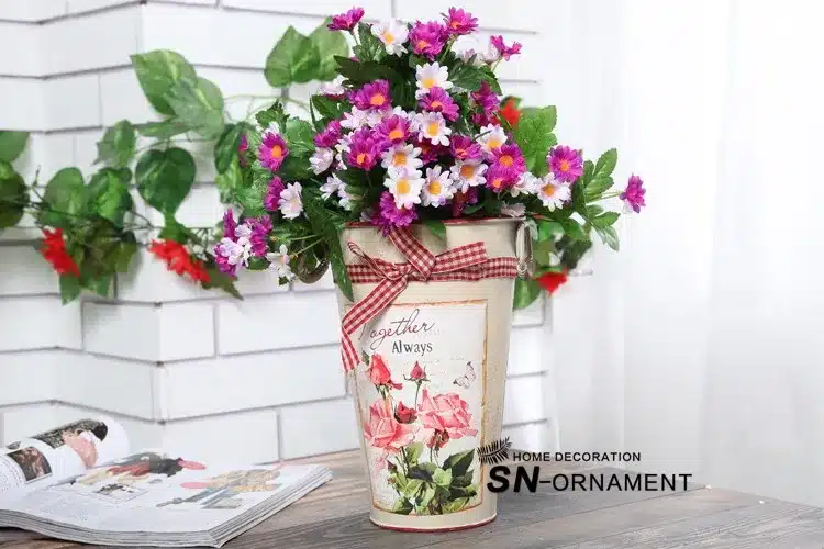Rural Style Flower Tub Painting Vase Tin Bucket Desktop Floor Decor Garden Pots Planters 4