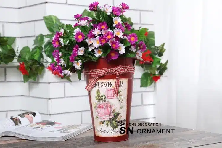 Rural Style Flower Tub Painting Vase Tin Bucket Desktop Floor Decor Garden Pots Planters 5
