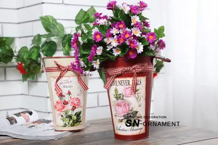 Rural Style Flower Tub Painting Vase Tin Bucket Desktop Floor Decor Garden Pots Planters 6