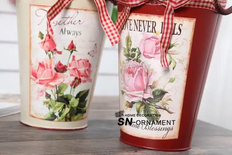Rural Style Flower Tub Painting Vase Tin Bucket Desktop Floor Decor Garden Pots Planters 8