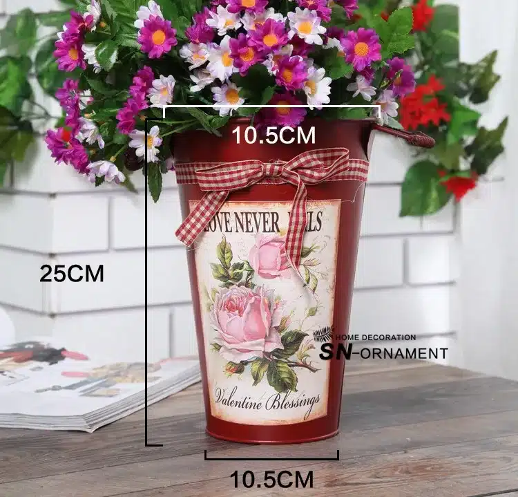 Rural Style Flower Tub Painting Vase Tin Bucket Desktop Floor Decor Garden Pots Planters 12