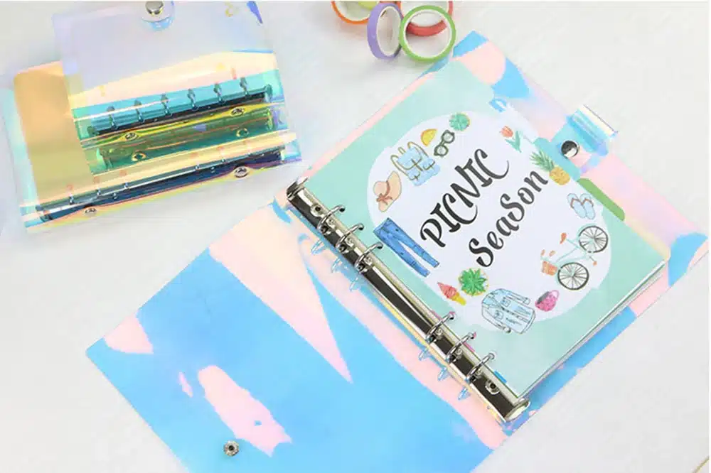 A5 A6 A7 PVC Rainbow laser Transparent Notebook diary Cover Glitter Loose leaf Note Book Planner Clip Office Supplies 14