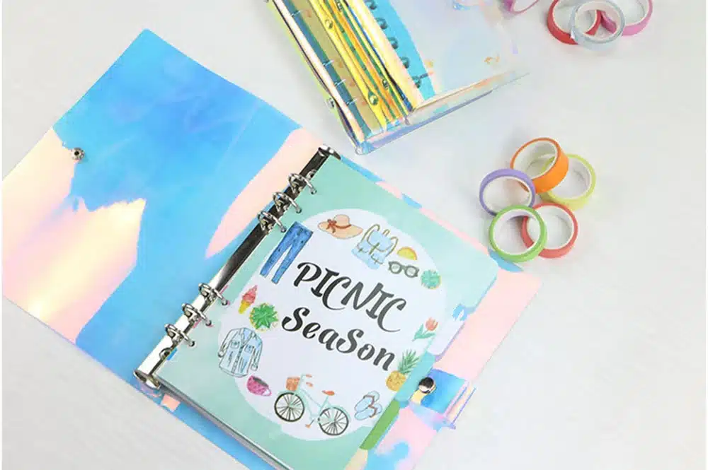 A5 A6 A7 PVC Rainbow laser Transparent Notebook diary Cover Glitter Loose leaf Note Book Planner Clip Office Supplies 15
