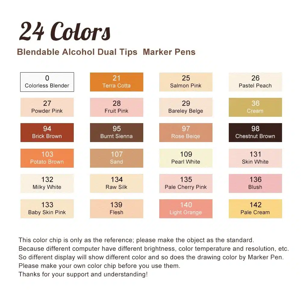 TouchNew Artist Marker Pens 24 Colours Blendable Alcohol Brush Pen Skin Tone Set for Portrait Illustration Drawing Art Markers 11