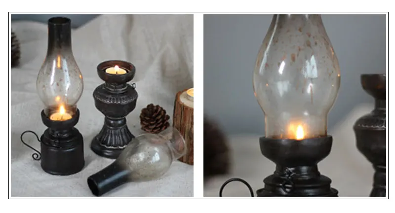 Retro Vintage Kerosene Lamp Candlestick Resin Crafts Ornaments Creative Household Living Room Tabletop Candle Holder Decorations 7