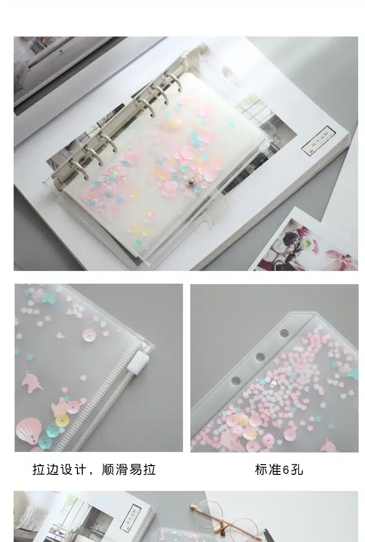 A5A6 Pink Shell Sequins Spiral Zipper Bag Divider Planner Accessories Diary Notebook File Storage bag For Filofax Dokibook 23