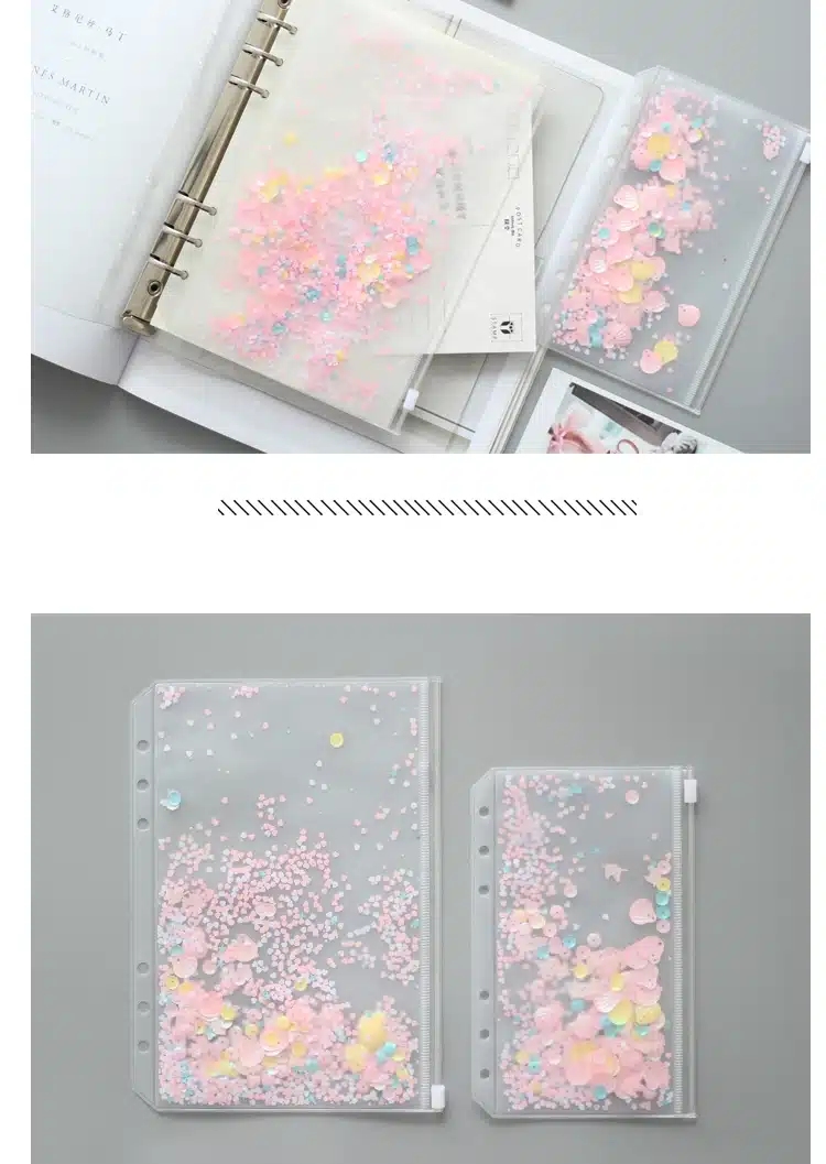 A5A6 Pink Shell Sequins Spiral Zipper Bag Divider Planner Accessories Diary Notebook File Storage bag For Filofax Dokibook 25