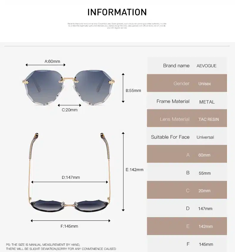 AEVOGUE Sunglasses For Women 2019 ladies Rimless Diamond cutting Lens Brand Designer Ocean Shades Vintage Sun Glasses AE0637 4