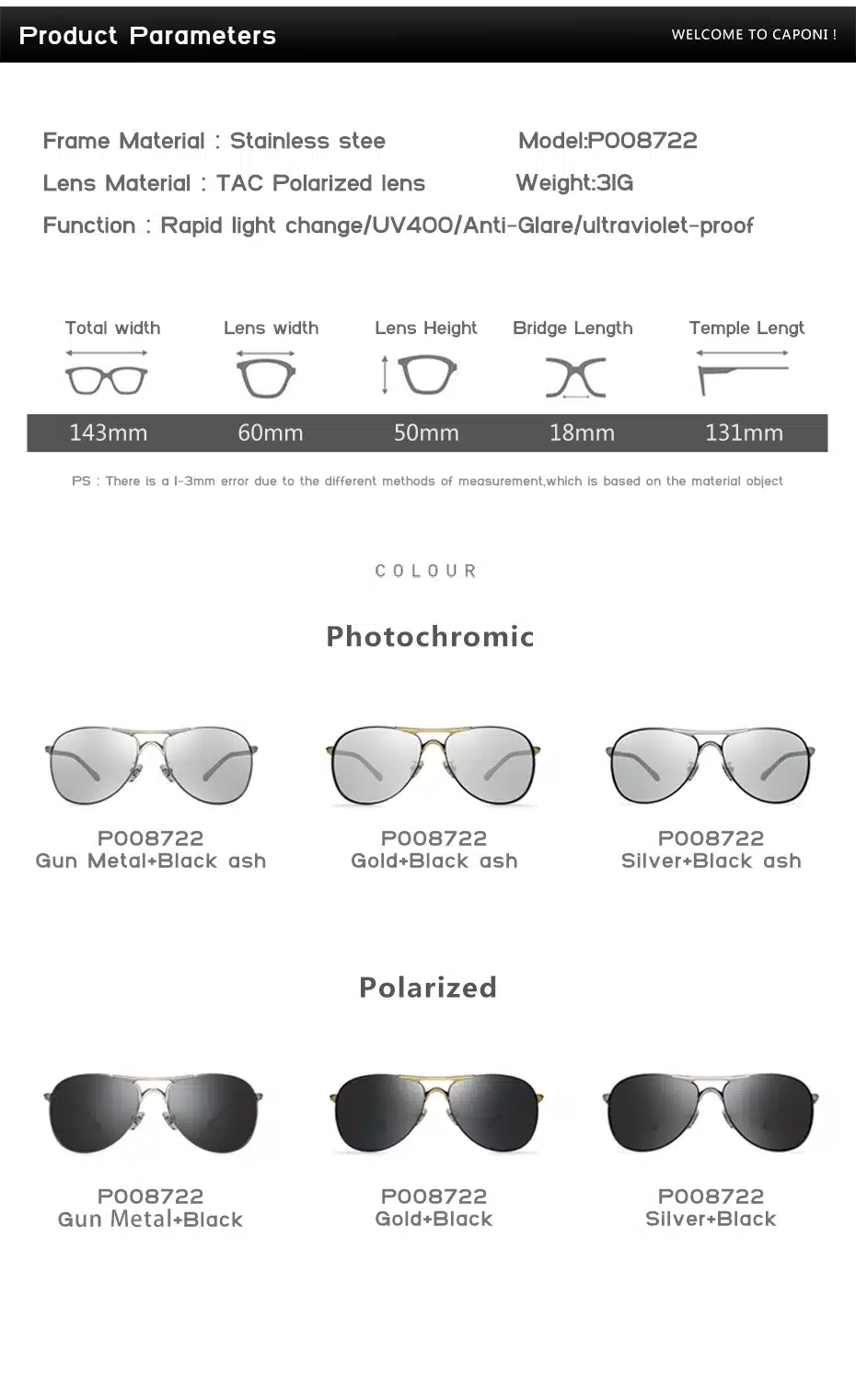 Caponi Driving Photochromic Sunglasses Men Polarized Chameleon Discoloration Sun glasses for men oculos de sol masculino RB8722 20