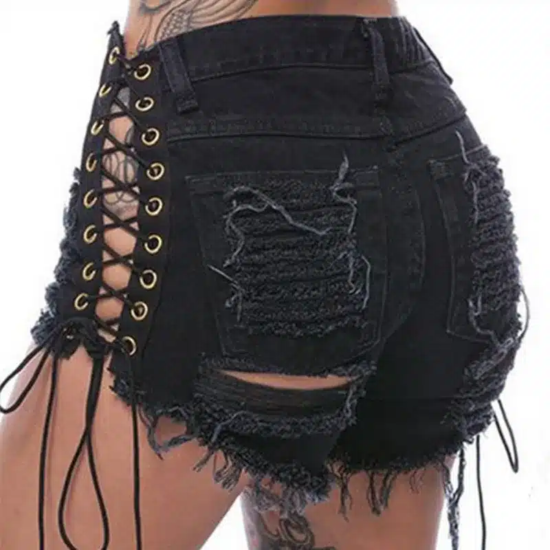 Danjeaner Sexy Ripped Hole Fringe Black Denim Shorts Women Lace Up Casual Pocket Jeans Shorts 2018 Plus Size Summer Hot Shorts 2