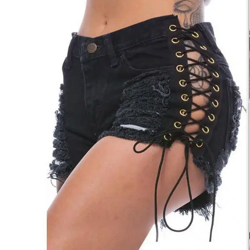 Danjeaner Sexy Ripped Hole Fringe Black Denim Shorts Women Lace Up Casual Pocket Jeans Shorts 2018 Plus Size Summer Hot Shorts 3