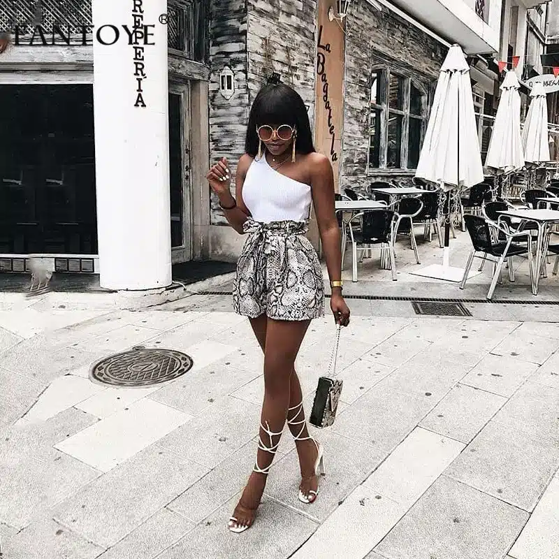 Fantoye Snake Print High Waist Shorts Women 2018 Autumn Paper Bag Sexy Elegant Fashion Lace Up Ruffle Mini Ladies Shorts Skirts 13