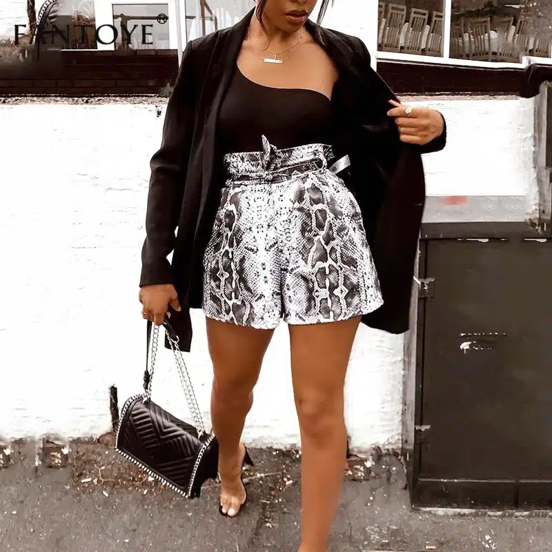 Fantoye Snake Print High Waist Shorts Women 2018 Autumn Paper Bag Sexy Elegant Fashion Lace Up Ruffle Mini Ladies Shorts Skirts 18