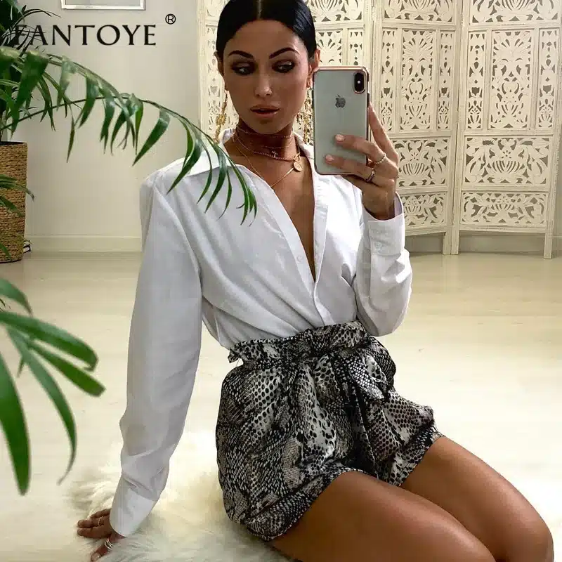 Fantoye Snake Print High Waist Shorts Women 2018 Autumn Paper Bag Sexy Elegant Fashion Lace Up Ruffle Mini Ladies Shorts Skirts 23