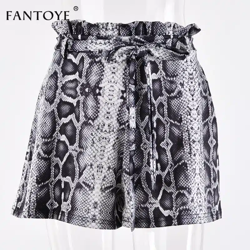 Fantoye Snake Print High Waist Shorts Women 2018 Autumn Paper Bag Sexy Elegant Fashion Lace Up Ruffle Mini Ladies Shorts Skirts 31