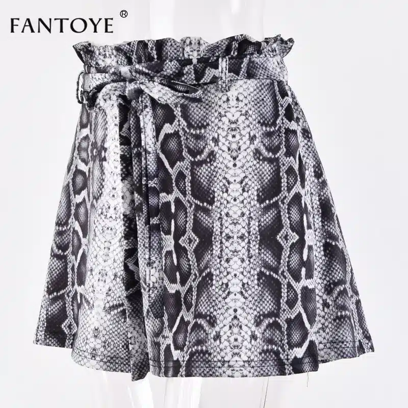 Fantoye Snake Print High Waist Shorts Women 2018 Autumn Paper Bag Sexy Elegant Fashion Lace Up Ruffle Mini Ladies Shorts Skirts 32