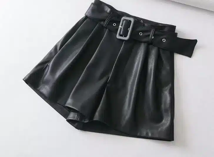 Women Black Orange Color PU Leather High Waist Shirts with Belt Wide Leg Faux Leather Shorts High Quality Winter Loose PU Shorts 6