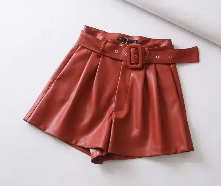 Women Black Orange Color PU Leather High Waist Shirts with Belt Wide Leg Faux Leather Shorts High Quality Winter Loose PU Shorts 7