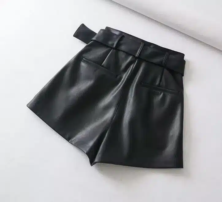 Women Black Orange Color PU Leather High Waist Shirts with Belt Wide Leg Faux Leather Shorts High Quality Winter Loose PU Shorts 8